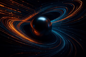 Glowing blue and orange swirls wrap around a dark sphere in this abstract high-tech digital art composition.









