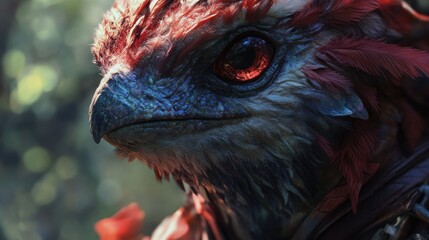 Close up portrait of a fierce looking avian fantasy creature with red feathers