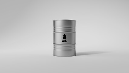 Single silver metal oil barrel on white background. Front view. Oil industry concept. 3d render illustration
