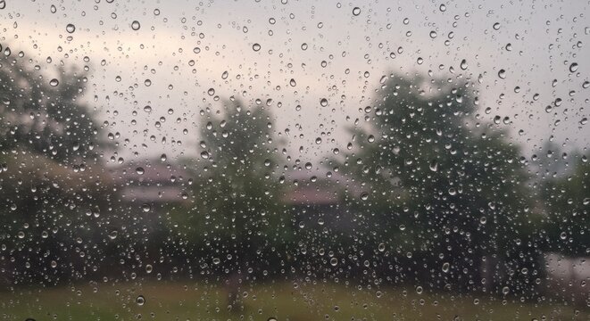 Rainy day window view with raindrops on glass and blurred trees outside background wallpaper aesthetic