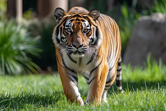 A Bengal tiger walking through lush green grass, showcasing its striking orange and black stripes in a natural habitat