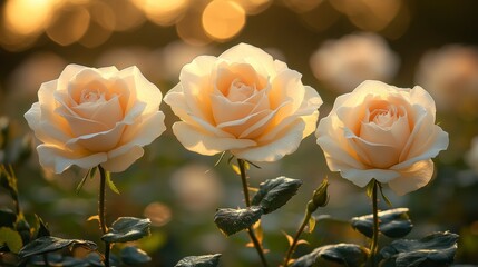 Three roses. Blooms glow warmly amid a green field under softly blurred, golden light