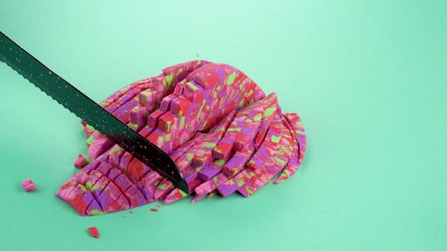 Very Satisfying and Relaxing Kinetic Sand ASMR video. Cutting anti stress macro close up colorful Kinetic Sand with a Knife. ASMR sounds.