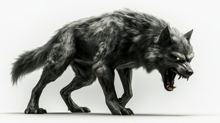 Fototapeta premium A ferocious wolf-like creature set against a white backdrop with eyes that glow