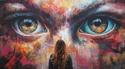 Woman Gazing at Large Eye Mural Featuring Abstract Colorful Painted Details