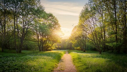 Fototapeta premium forest path field nature trees road through woods serene scene design offers peaceful art vibe