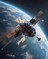 Obraz premium High-tech satellite orbiting Earth, internet antenna deployed, orbit, dark, galaxy