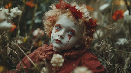 Portrait of a Young Child with Painted Face and Wreath of Flowers Posing Outdoors