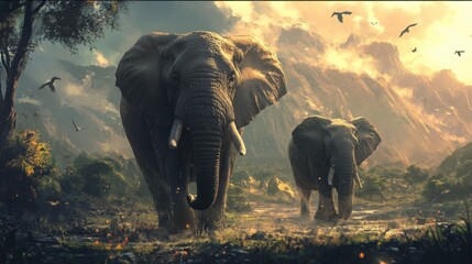 Two Elephants Walking Through a Misty Valley with Towering Mountains Under an Orange Sky