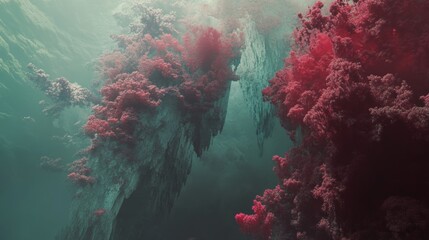 Surreal landscape of rocky formations covered in strange flora in a foggy environment