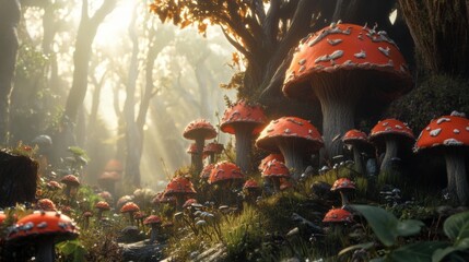 Amanita Mushrooms Growing in a Forest Under Morning Sunlight Creating a Dreamlike Scene