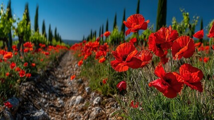 Obraz premium A field full of red flowers lies beside a dirt road, surrounded by tall grass