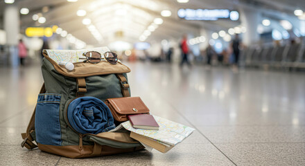Backpack with travel essentials at an airport terminal  