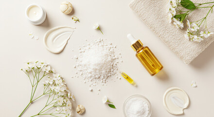 Skincare products arranged artistically on a light background  