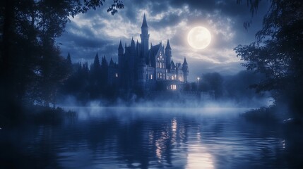 A majestic castle, bathed in moonlight, sits on an island, reflecting in the misty water.  Dark forest surrounds it