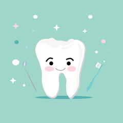   Cute tooth cartoon character, funny tooth dental concept flat vector illustration,tooth with toothbrush/Healthy Oral Hygiene Concept. Flat Vector 