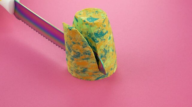 Very Satisfying and Relaxing Kinetic Sand ASMR video. Cutting anti stress macro close up colorful Kinetic Sand with a Knife. ASMR sounds.