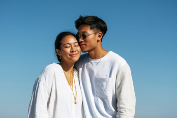 Obraz premium Young couple sharing a joyful moment against a clear blue sky 