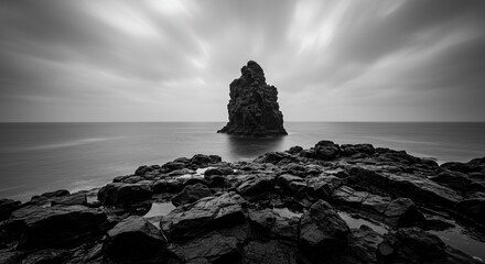Coastal rock stack long exposure black white seascape