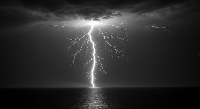 Powerful lightning strike over a dark field or water under a stormy sky, monochrome