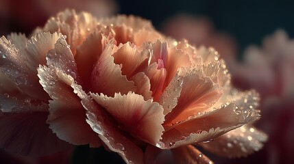   A pink flower with water droplets on its petals against a green background