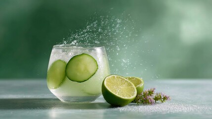   Cucumber splashes in water, with sliced cucumber nearby