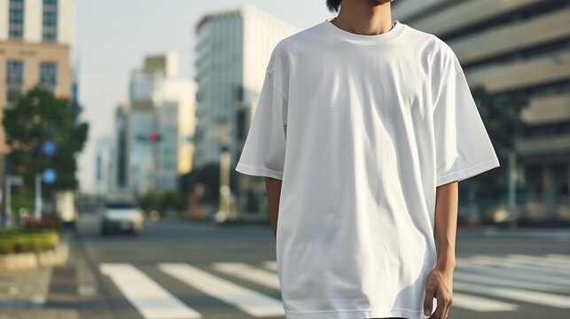 Plain white oversized t-shirt mockup worn by a young man walking on a city zebra crossing,model,shirt - Powered by Adobe