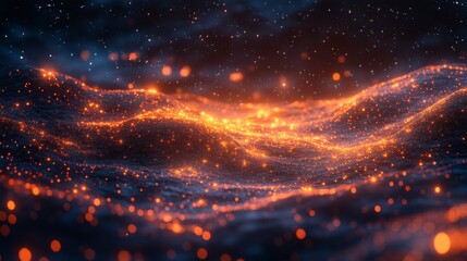 Fototapeta premium Dazzling array of orange and blue shimmering particles forming wavy abstract surface