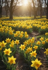 Obraz premium Sunlit field of vibrant yellow daffodils in full bloom , blossoms, outdoor