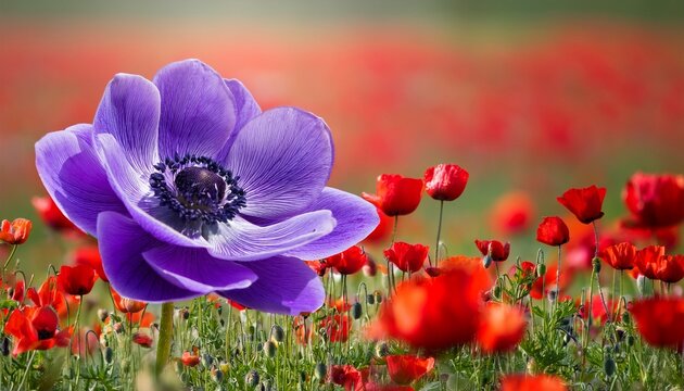 a stunning purple anemone flower in sharp focus surrounded by blurred red poppies and green meadow creating a vibrant spring scene