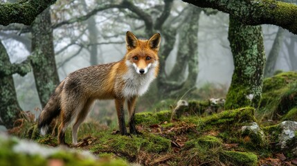 Naklejka premium Red fox in a moss-covered forest with trees in the background