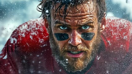 A rugged football player in a red uniform runs through heavy snow while gripping the ball, his determined face showing pure focus and adrenaline
