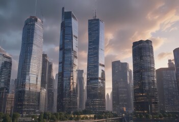 Naklejka premium Time-lapse of sleek skyscraper rising, city skyline backdrop, construction, foundation