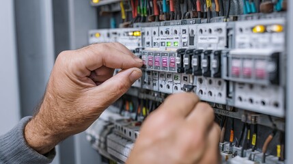 Electrician testing switches in electric panel Hands near fuses and contactors Background and texture from reallife electrical setup