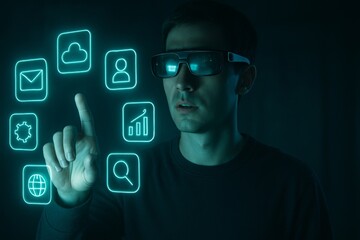 Man wearing smart glasses interacts with floating neon icons in a futuristic augmented reality interface.

