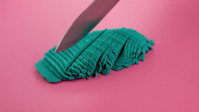 Very Satisfying and Relaxing Kinetic Sand ASMR video. Cutting anti stress macro close up colorful Kinetic Sand with a Knife. ASMR sounds.