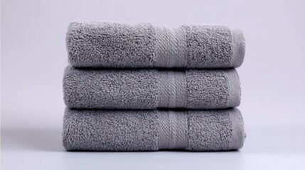 Gray towel pack three bath hand and wash towels Isolated and stacked for display Clean hygiene theme