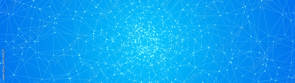 Poster Technology abstract background. Dots connected by lines. Minimalist mesh backdrop. Abstract polygonal radial shape. Plexus circles.