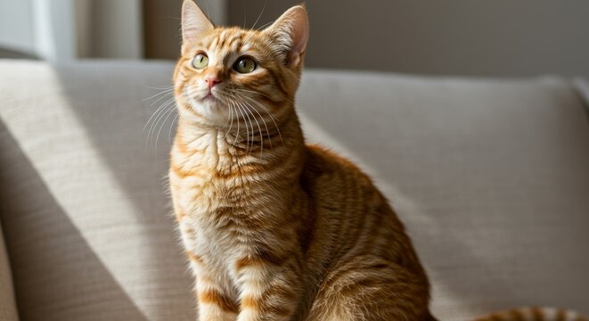 Ginger tabby cat sitting and looking up, domestic pet in soft light