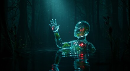Futuristic translucent human figure with visible internal structure and glowing points, medical or technological concept