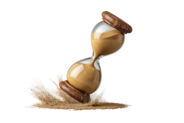PNG Flowing hourglass with splashing sand and wooden caps on black background