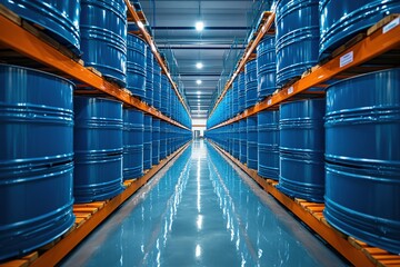 Fototapeta premium Industrial storage facility with rows of blue metal barrels organized on orange shelving, reflecting on polished floor, manufacturing supply concept