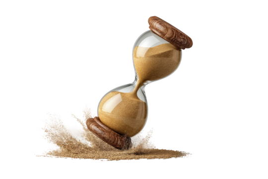 PNG Flowing hourglass with splashing sand and wooden caps on black background