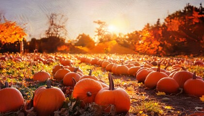 pumpkin patch impressionistic style warm colors sunlight filtering through leaves