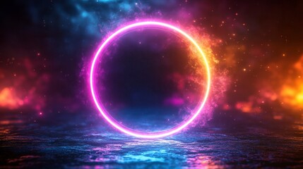 Glowing ring floats above dark, reflective surface, surrounded by colorful, ethereal smoke