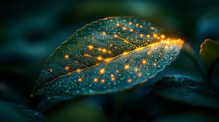Glowing leaf with dewdrops on green flora background