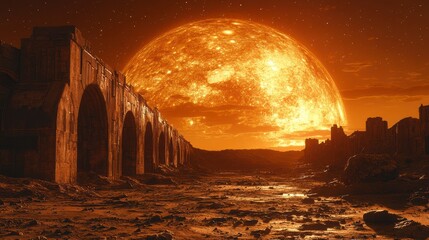 Arched ruins against a fiery sun-like celestial body in an alien landscape under a starlit sky