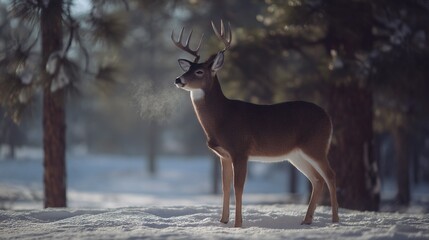   A snow-covered deer statue stands before tree-lined, snowy ground