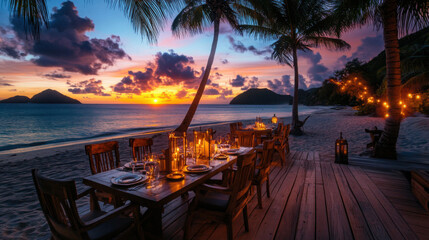 Fototapeta premium Sunset Romance: Beachside Dinner on Wooden Deck with Candles and Sea View