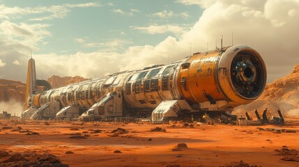 Giant vessel in desert landscape, cylindrical structure with windows, against bright cloudy sky